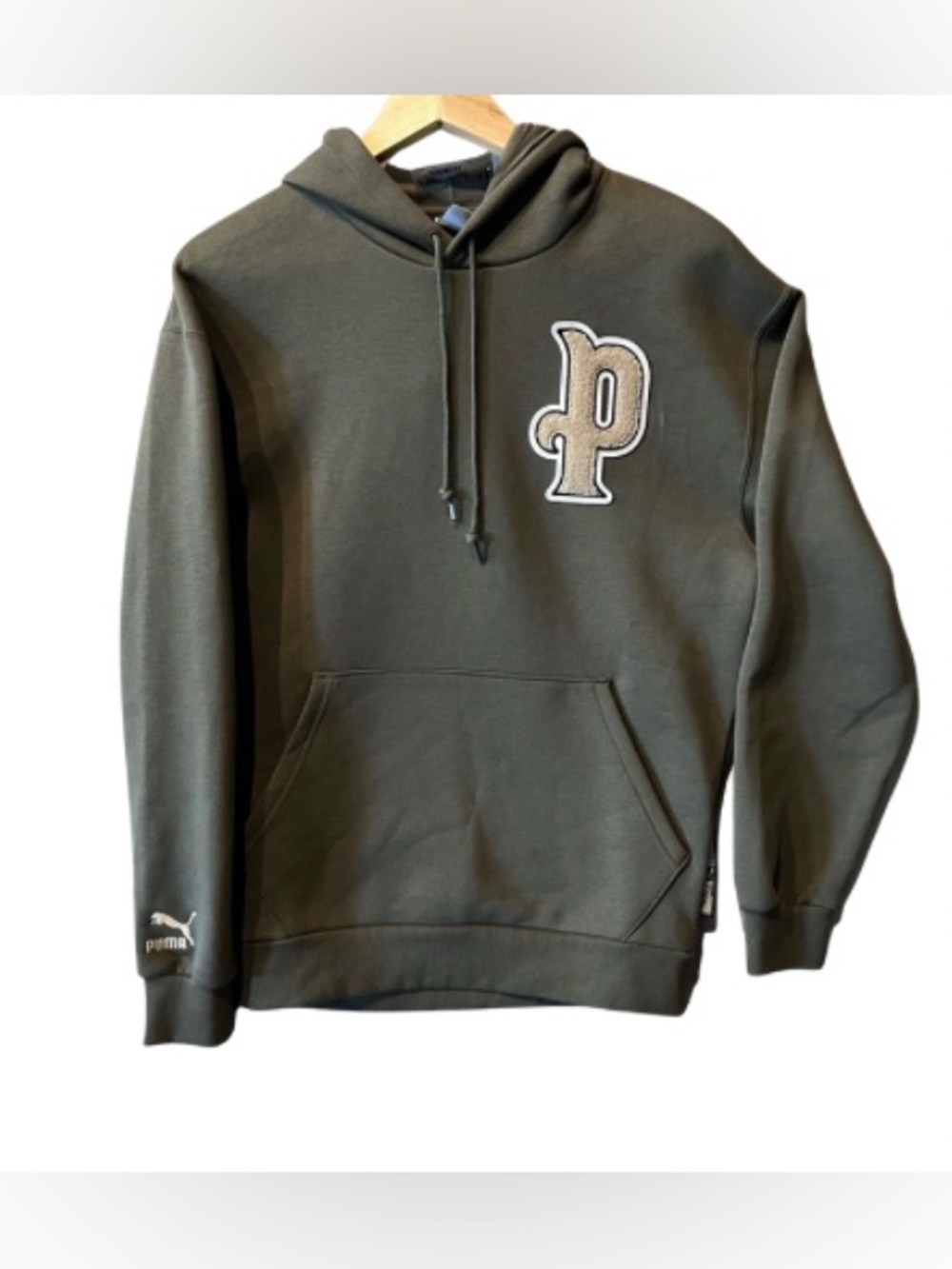 NWT Puma Olive Green Pullover Hoodie with Beige P Patch